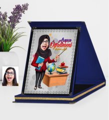 Kişiye Özel Tesettürlü Bayan Öğretmen Karikatürlü Lacivert Plaket - 1