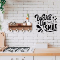 BK Home Doğal Ahşap Raflı Dekoratif Fincan Askılığı ve Uyan ve Gülümse Duvar Süsü-1