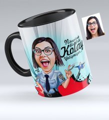 Kişiye Özel Bayan Polis Karikatürlü Siyah Kupa Bardak - 1