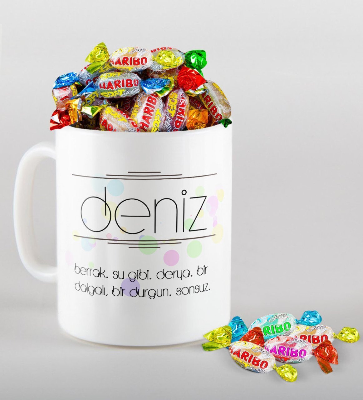 Kişiye Özel İsim Anlamı Kupa ve Haribo Fruitbons Şeker Hediye Seti-1