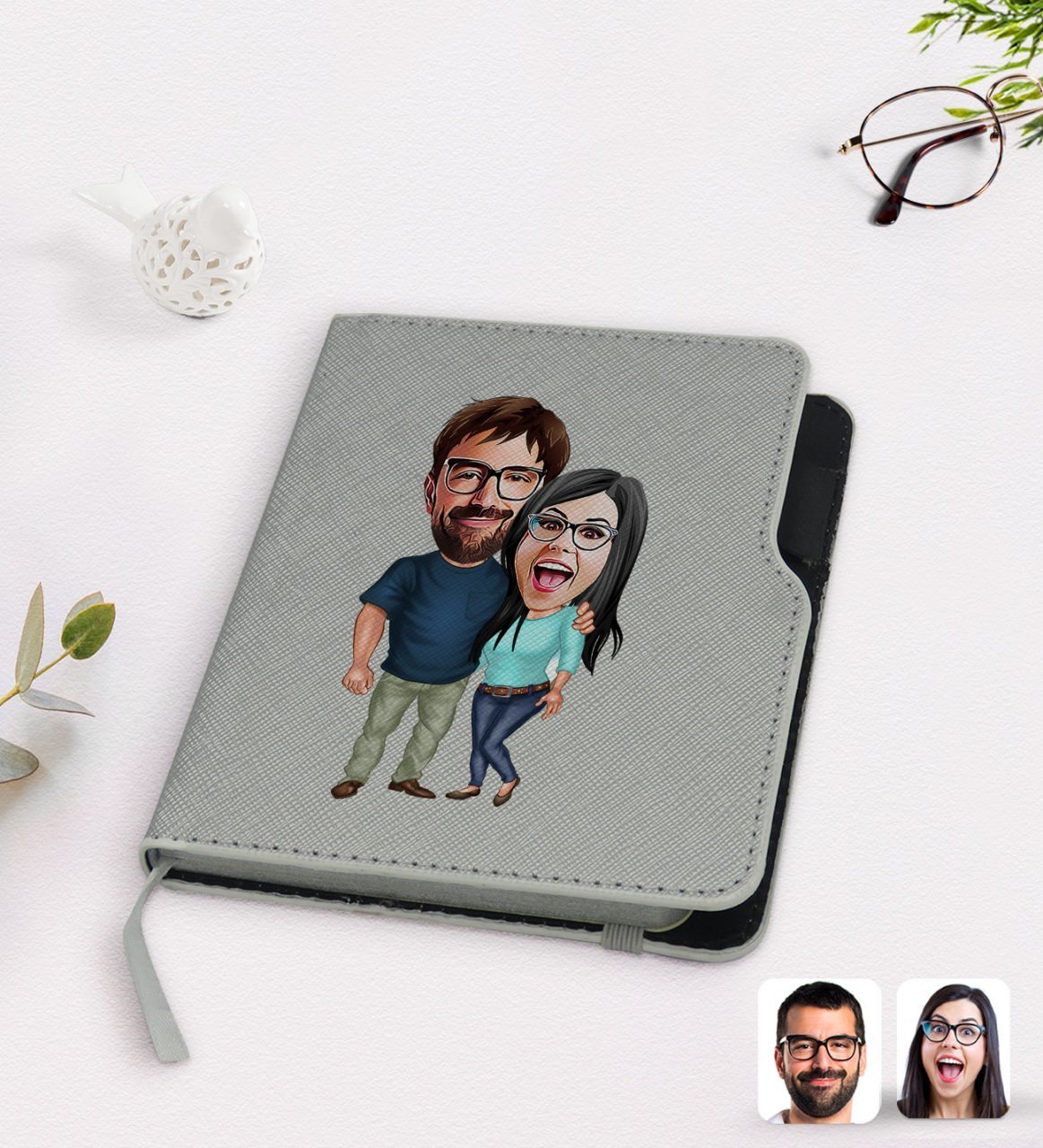 Kişiye Özel Sevgililer Karikatürlü Gri Termo Deri Defter-109