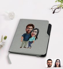Kişiye Özel Sevgililer Karikatürlü Gri Termo Deri Defter-109