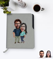 Kişiye Özel Sevgililer Karikatürlü Gri Termo Deri Defter-109