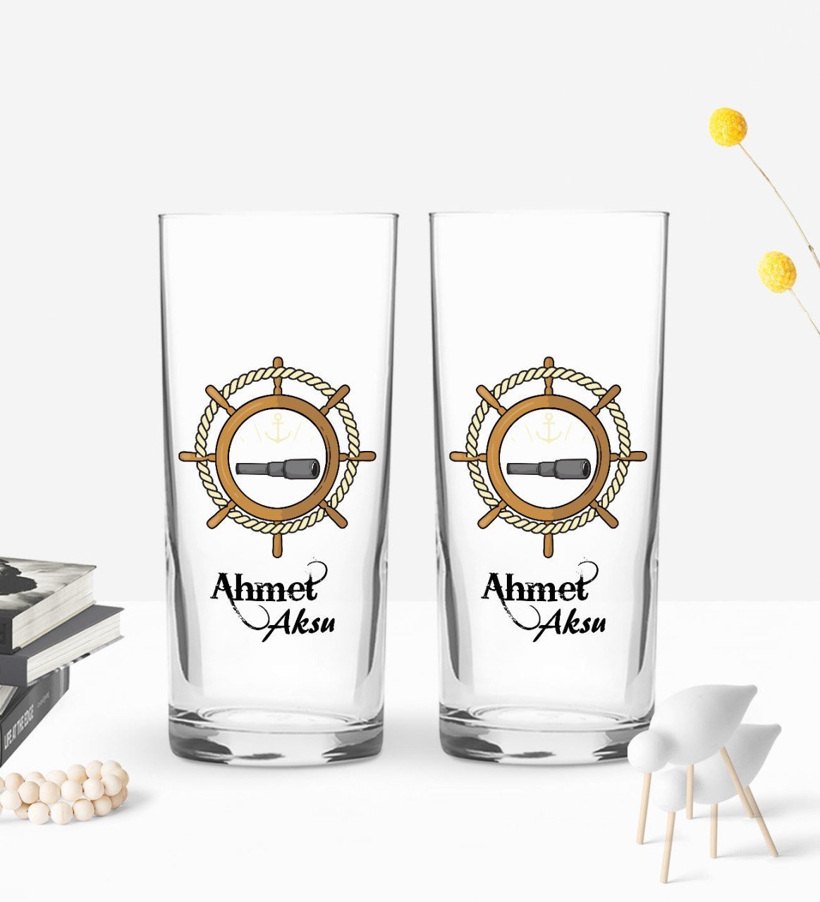 Kişiye Özel Renkli Baskılı Dümen Tasarımlı İkili Rakı Bardağı Seti-3