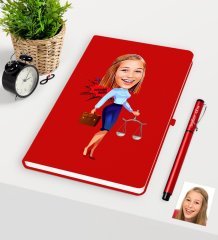 Kişiye Özel Bayan Avukat Karikatürlü Kırmızı Defter Kalem Seti - 3