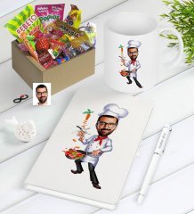Kişiye Özel Bay Chef Karikatürlü Nostaljik Lezzetler Defter Kalem Kupa Hediye Seti