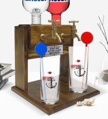 Kişiye Özel Renkli Baskılı Kaptan Tasarımlı İkili Vodka Bardağı ve Çift Musluklu Doğal Ahşap Vodka Standı-1