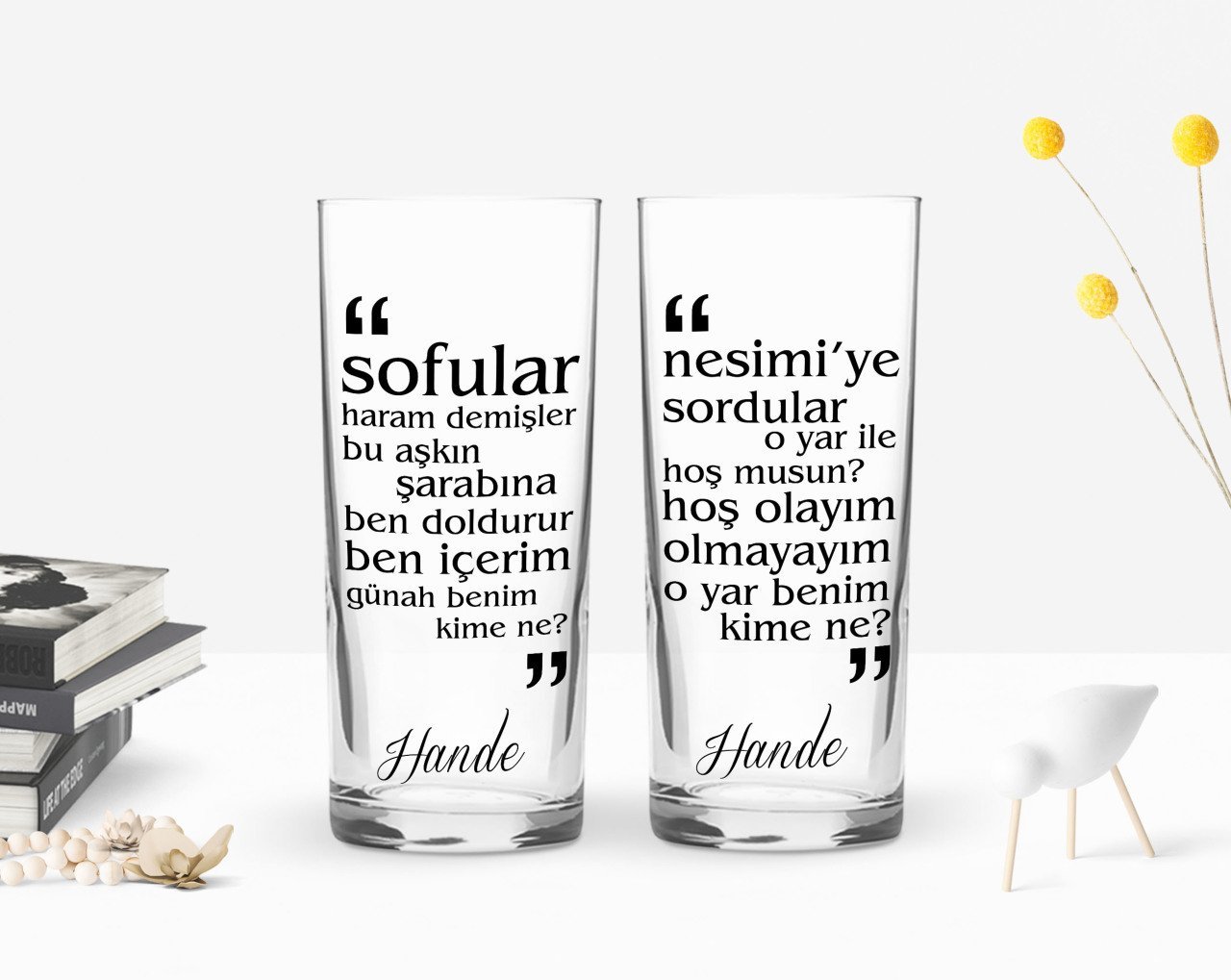 Kişiye Özel Renkli Baskılı Nesimi Tasarımlı İkili Rakı Bardağı Seti-1