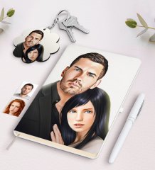 Kişiye Özel Sevgililer Karikatürlü Beyaz Defter Kalem Ve Anahtarlık Hediye Seti-37