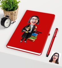Kişiye Özel Bayan Avukat Karikatürlü Kırmızı Defter Kalem Seti - 2