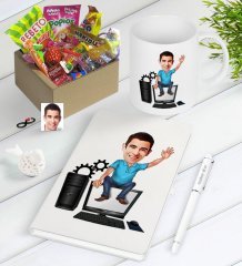 Kişiye Özel Bay Bilgisayar Mühendisi Karikatürlü Nostaljik Lezzetler Defter Kalem Kupa Hediye Seti