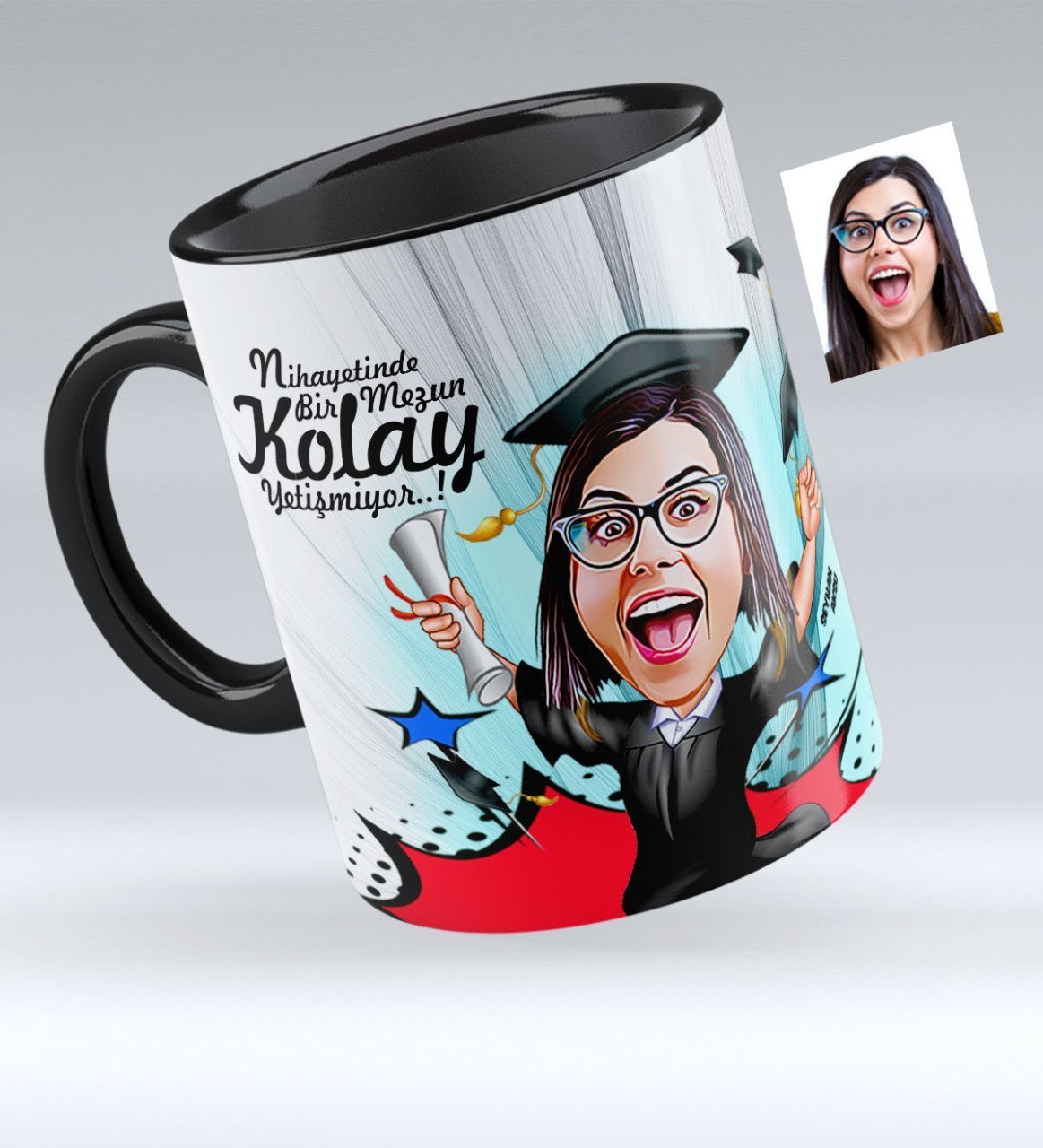 Kişiye Özel Bayan Mezun Karikatürlü Siyah Kupa Bardak - 1