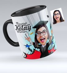 Kişiye Özel Bayan Mezun Karikatürlü Siyah Kupa Bardak - 1