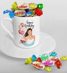 Kişiye Özel Fotoğraflı Doğum Günü Türk Kahvesi Fincanı ve Haribo Şeker Hediye Seti-5