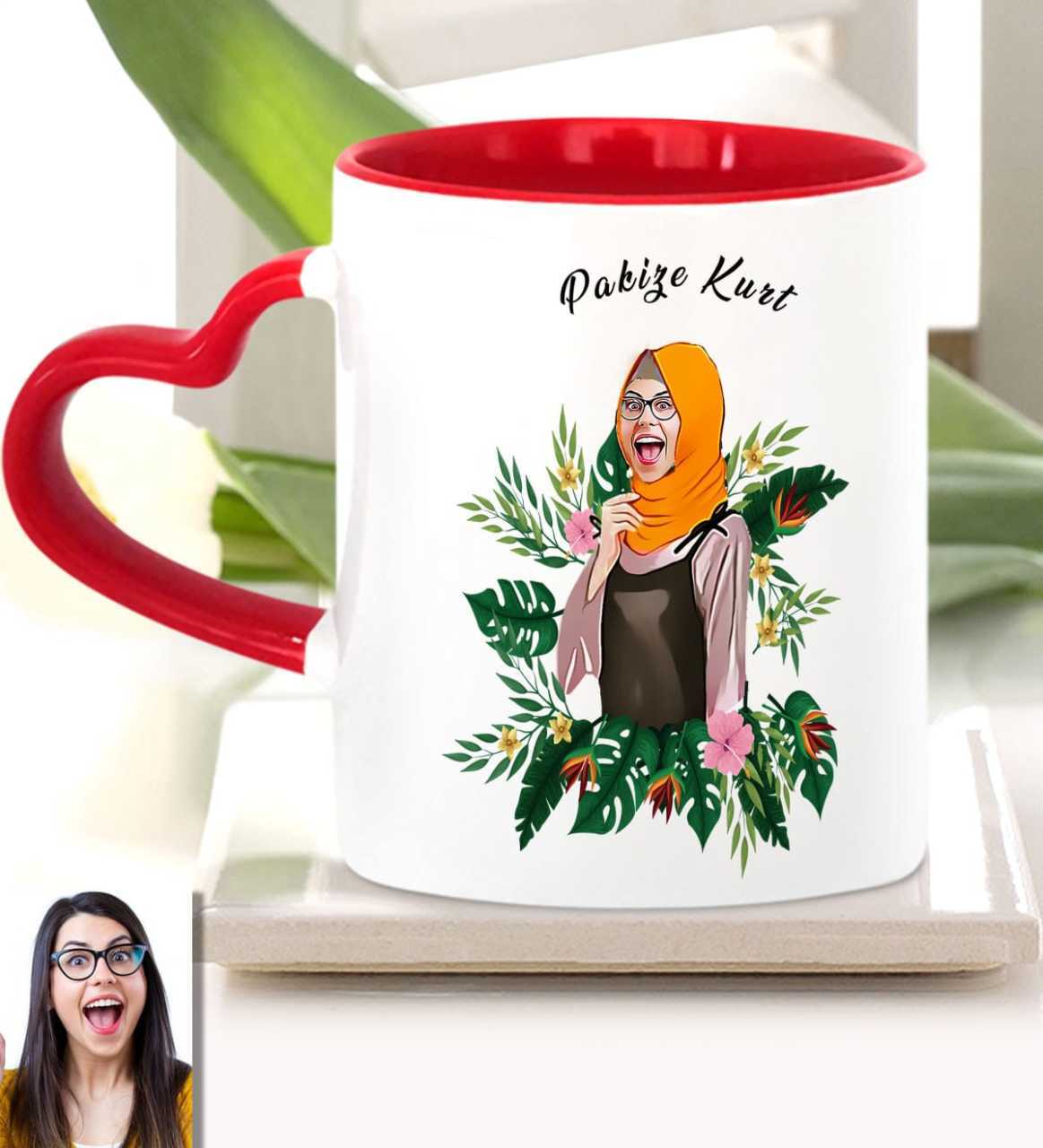 Kişiye Özel Türbanlı Karikatürlü Kırmızı Kalpli Kupa Bardak 39-755