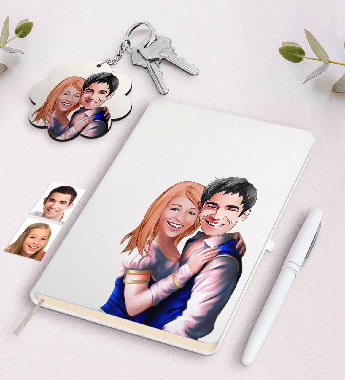 Kişiye Özel Sevgililer Karikatürlü Beyaz Defter Kalem Ve Anahtarlık Hediye Seti-36