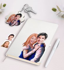 Kişiye Özel Sevgililer Karikatürlü Beyaz Defter Kalem Ve Anahtarlık Hediye Seti-36