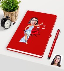Kişiye Özel Bayan Avukat Karikatürlü Kırmızı Defter Kalem Seti - 1