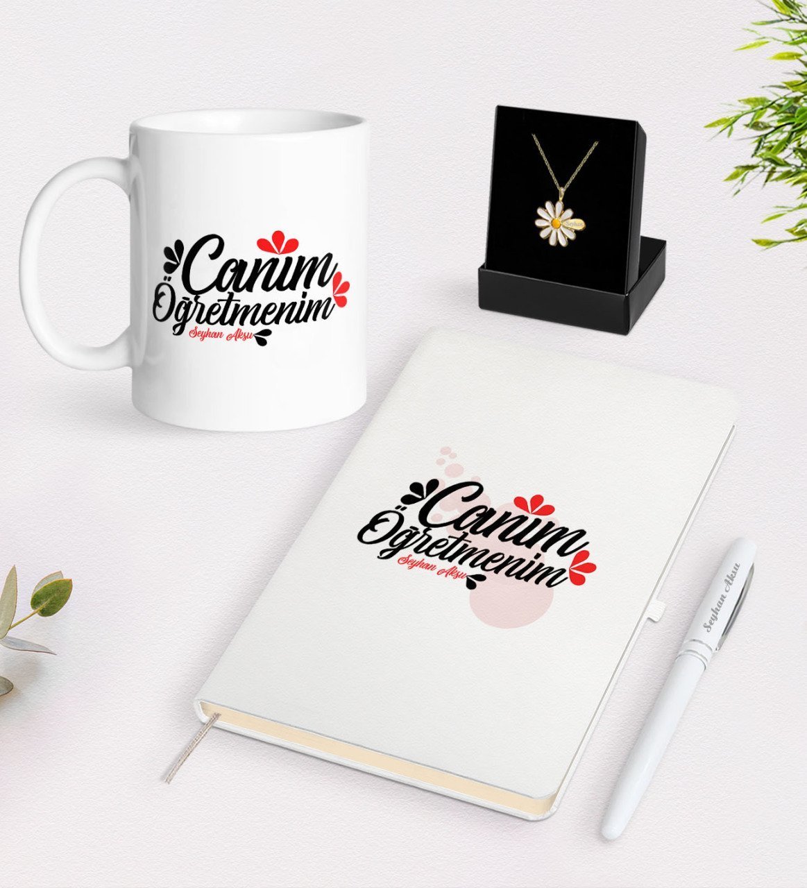 Kişiye Özel Canım Öğretmenim Beyaz Kupa Defter Kalem ve İsimli Papatya Kolye Hediye Seti-11
