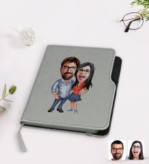 Kişiye Özel Sevgililer Karikatürlü Gri Termo Deri Defter-105