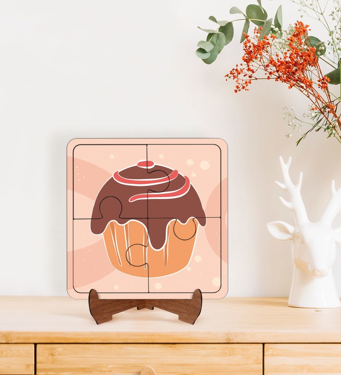 BK Gift Cupcake Tasarımlı Ahşap Standlı Puzzle Çerçeve-1