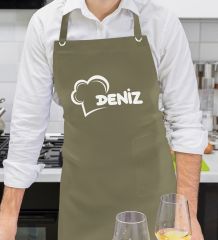 BK Gift Kişiye Özel İsimli Chef Tasarımlı Profesyonel Haki Yeşil Mutfak Önlüğü, Aşçı Önlüğü, Şef Önlüğü, Arkadaşa Hediye-2
