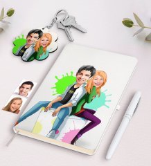 Kişiye Özel Sevgililer Karikatürlü Beyaz Defter Kalem Ve Anahtarlık Hediye Seti-35