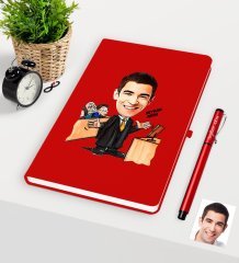 Kişiye Özel Bay Avukat Karikatürlü Kırmızı Defter Kalem Seti - 3