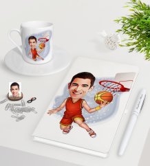 Kişiye Özel Erkek Basketbolcu Karikatürlü Beyaz Defter Kalem Türk Kahvesi Fincanı Seti-1