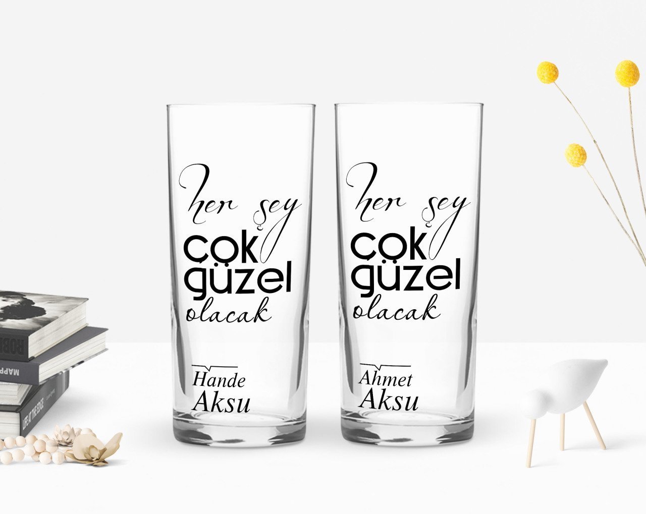 Kişiye Özel Renkli Baskılı Her Şey Çok Güzel Olacak Tasarımlı İkili Rakı Bardağı Seti-1