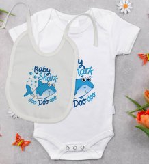 BK Kids Baby Shark Tasarımlı Bebek Body Zıbın ve Mama Önlüğü Hediye Seti - Model 1