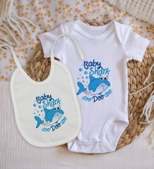 BK Kids Baby Shark Tasarımlı Bebek Body Zıbın ve Mama Önlüğü Hediye Seti - Model 1