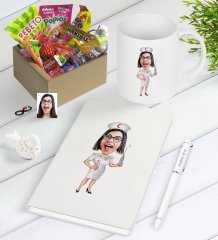 Kişiye Özel Hemşire Karikatürlü Nostaljik Lezzetler Defter Kalem Kupa Hediye Seti-1