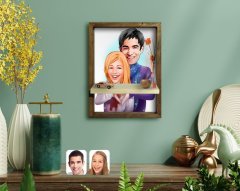 Kişiye Özel Sevgililer Karikatürlü Doğal Masif Ahşap Çerçeveli Tablo Duvar Rafı-89