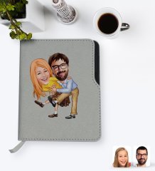Kişiye Özel Sevgililer Karikatürlü Gri Termo Deri Defter-102