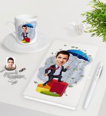 Kişiye Özel Erkek Bankacı Karikatürlü Beyaz Defter Kalem Türk Kahvesi Fincanı Seti-3