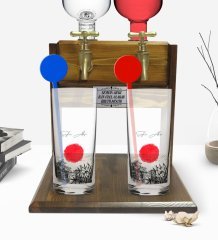 Kişiye Özel Renkli Baskılı Japan Tasarımlı İkili Vodka Bardağı ve Çift Musluklu Doğal Ahşap Vodka Standı-1