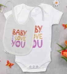 BK Kids Baby I Love You Tasarımlı Bebek Body Zıbın ve Mama Önlüğü Hediye Seti - Model 1