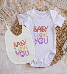 BK Kids Baby I Love You Tasarımlı Bebek Body Zıbın ve Mama Önlüğü Hediye Seti - Model 1