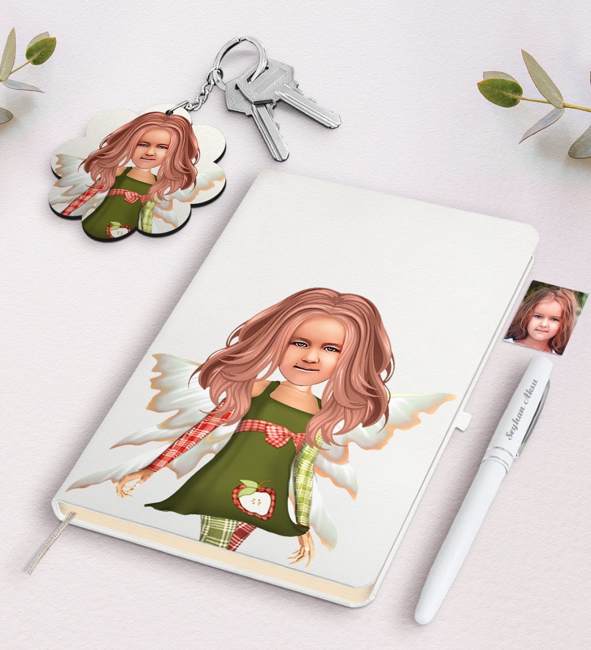 Kişiye Özel Kız Çocuk Peri Karikatürlü Beyaz Defter Kalem Ve Anahtarlık Hediye Seti-1