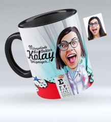 Kişiye Özel Bayan Göz Doktoru Karikatürlü Siyah Kupa Bardak - 1