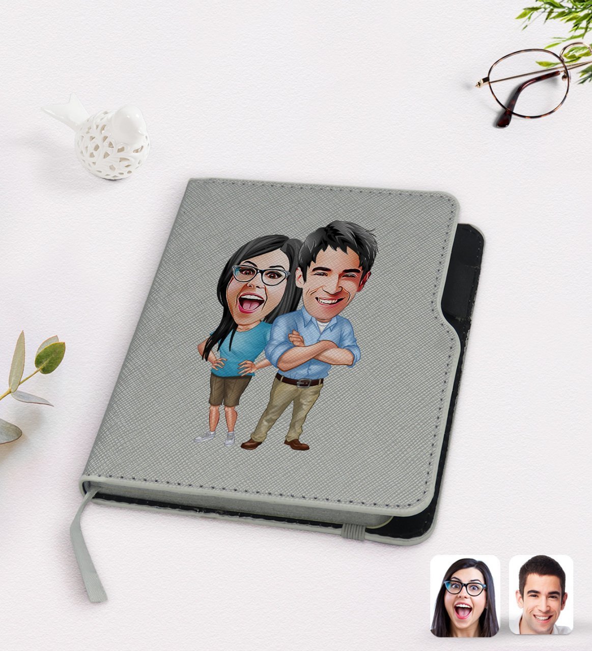 Kişiye Özel Sevgililer Karikatürlü Gri Termo Deri Defter-101