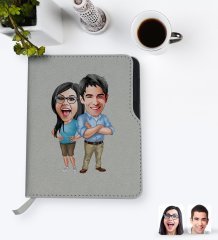 Kişiye Özel Sevgililer Karikatürlü Gri Termo Deri Defter-101