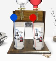 Kişiye Özel Renkli Baskılı İstanbul Tasarımlı İkili Vodka Bardağı ve Çift Musluklu Doğal Ahşap Vodka Standı-1