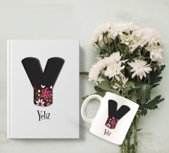 Kişiye Özel Harf Tasarımlı Beyaz Defter ve Kupa Hediye Seti-16