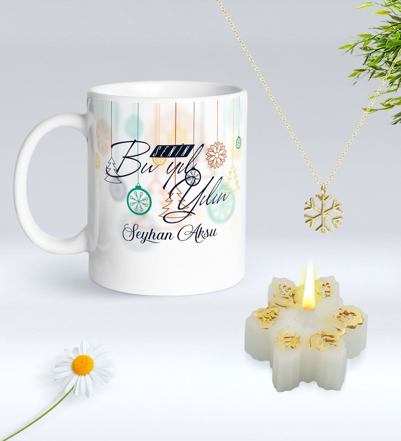 Yılbaşı Hediyesi BK Gift Kişiye Özel Yeni Yıl Tasarımlı Beyaz Kupa Bardak, Kar Tanesi Kolye ve Kar Tanesi Mum Hediye Seti-10, Sevgiliye Hediye, Arkadaşa Hediye
