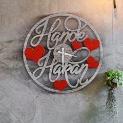 Kişiye Özel İsim Tasarımlı Kalpli Ahşap Duvar Saati - 7