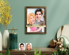 Kişiye Özel Sevgililer Karikatürlü Doğal Masif Ahşap Çerçeveli Tablo Duvar Rafı-86