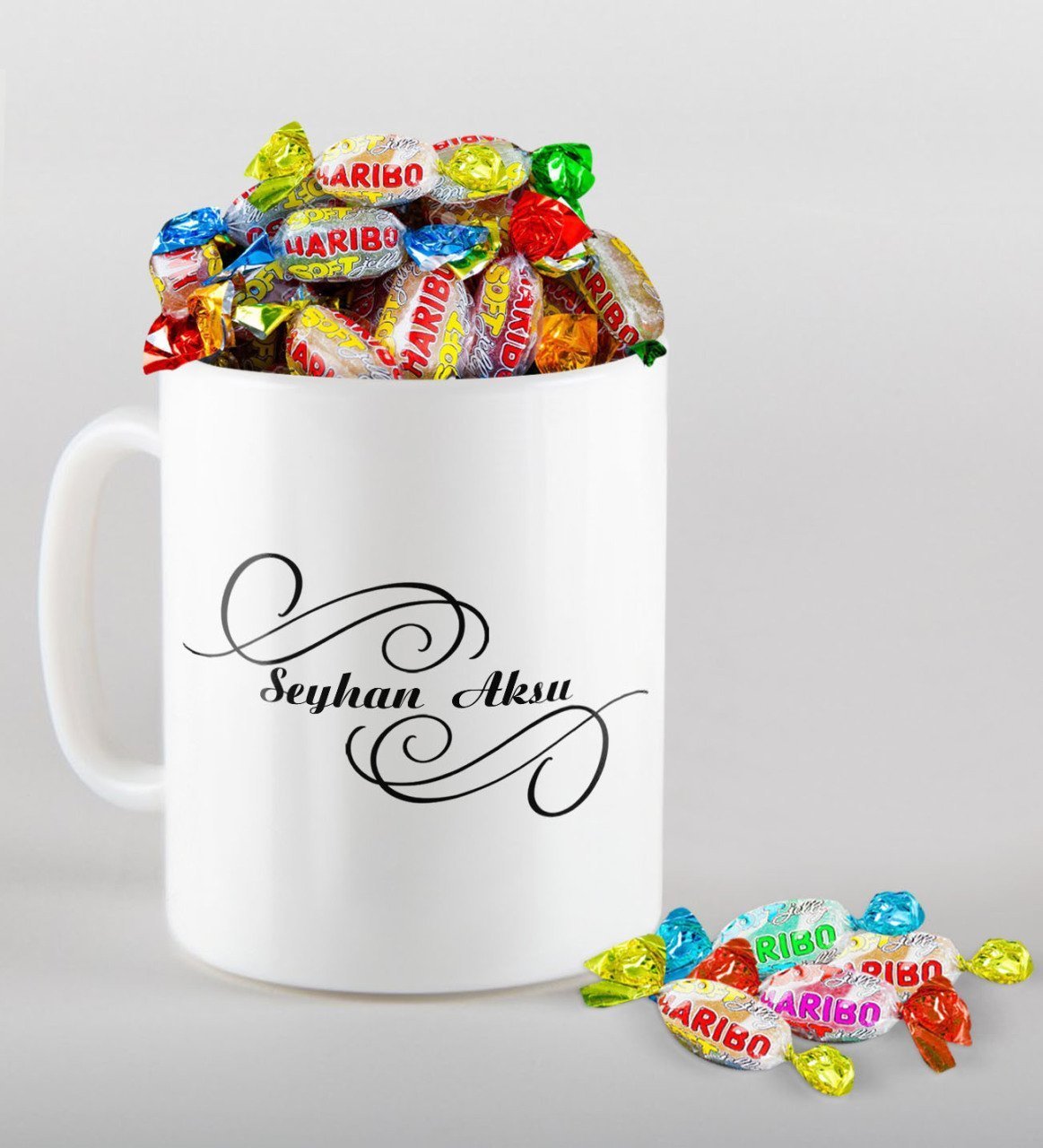 Kişiye Özel İsimli Kupa ve Haribo Fruitbons Şeker Hediye Seti-3