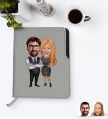 Kişiye Özel Sevgililer Karikatürlü Gri Termo Deri Defter-100